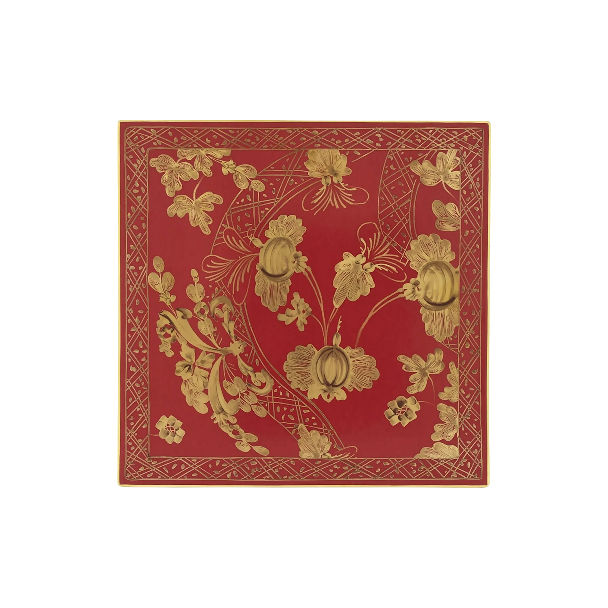 Vista frontal do Set Sousplat Quadrado Tresori Rubrum.