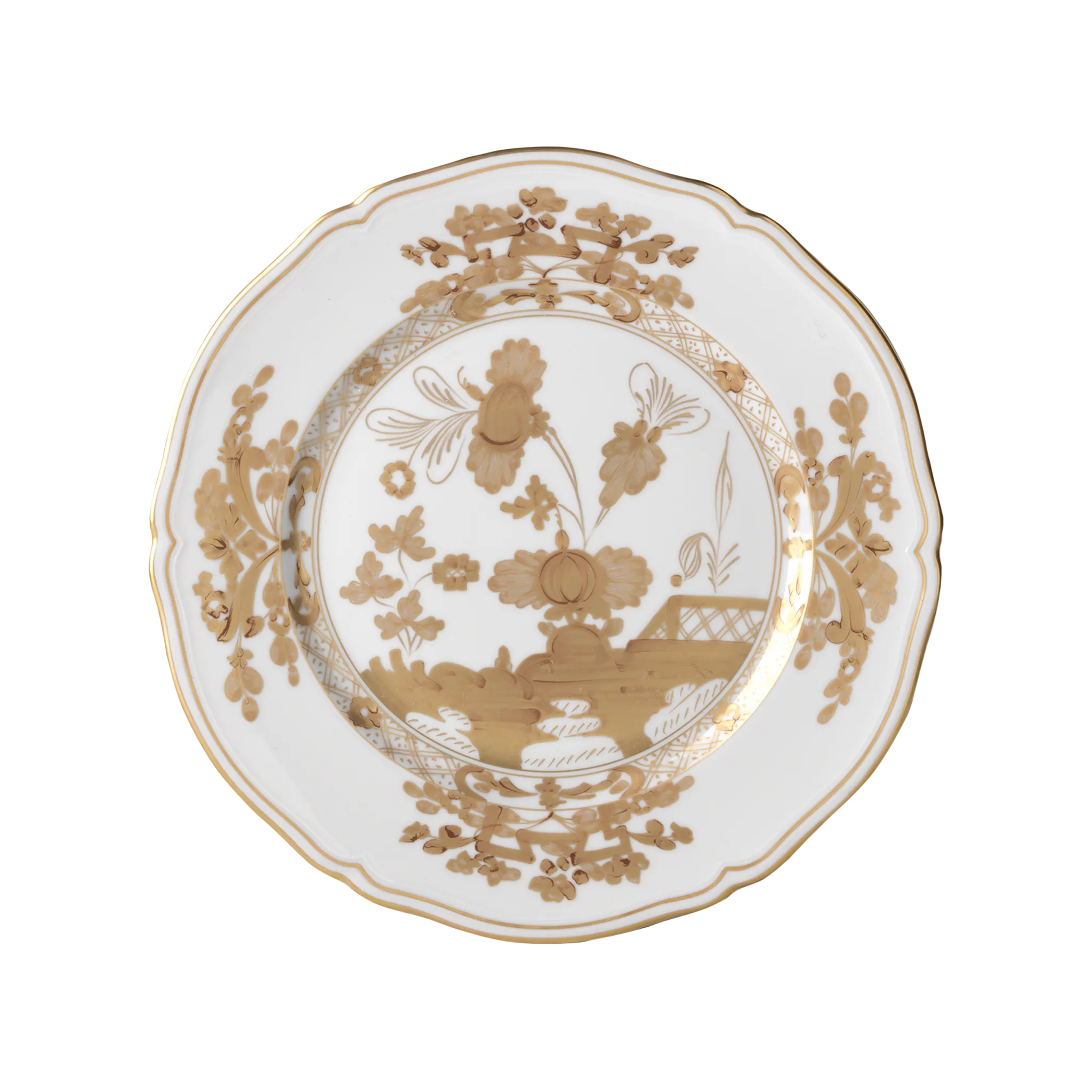 Vista frontal do Sousplat Oriente Italiano Aurum.