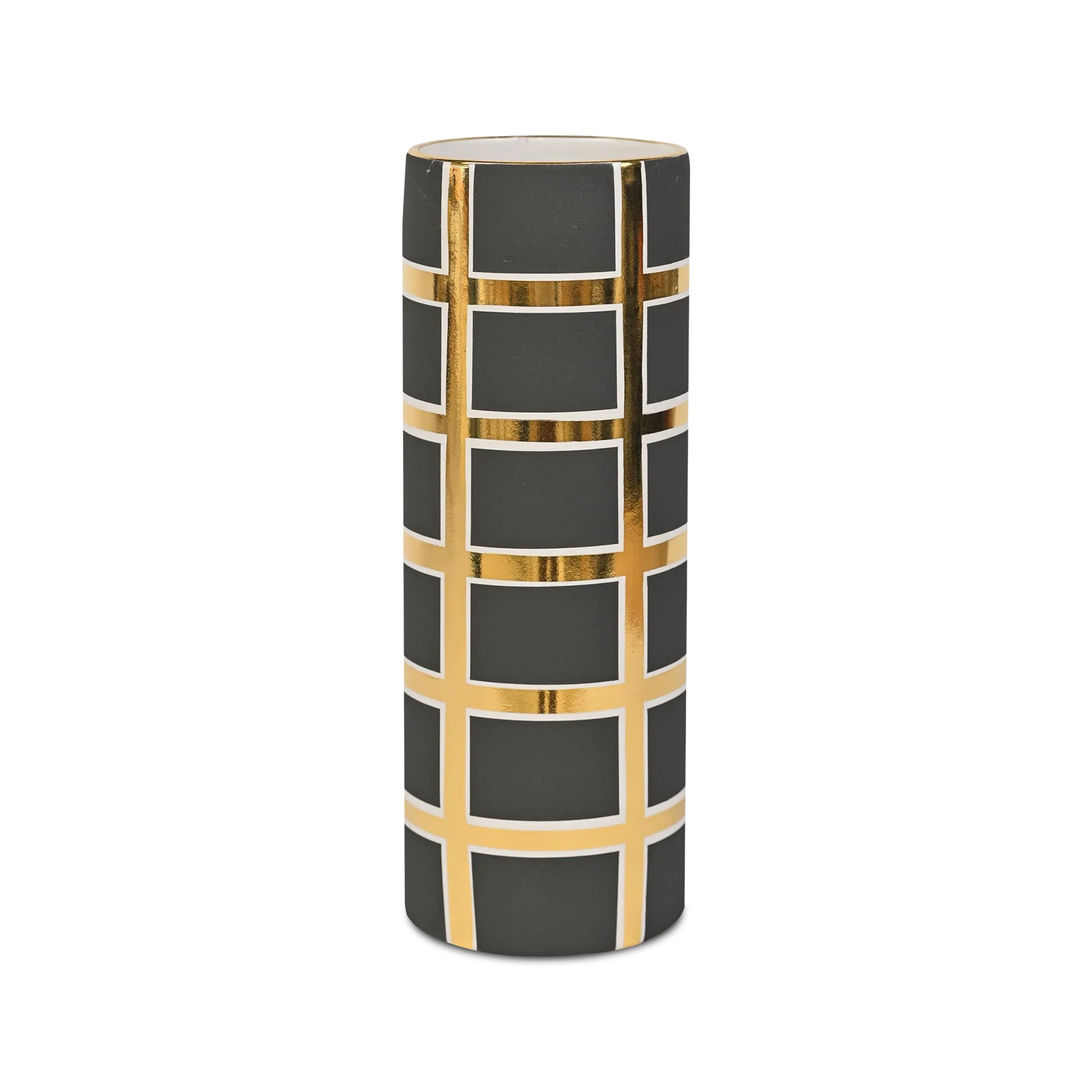 Vaso Cilindro Grid Cinza e Dourado.
