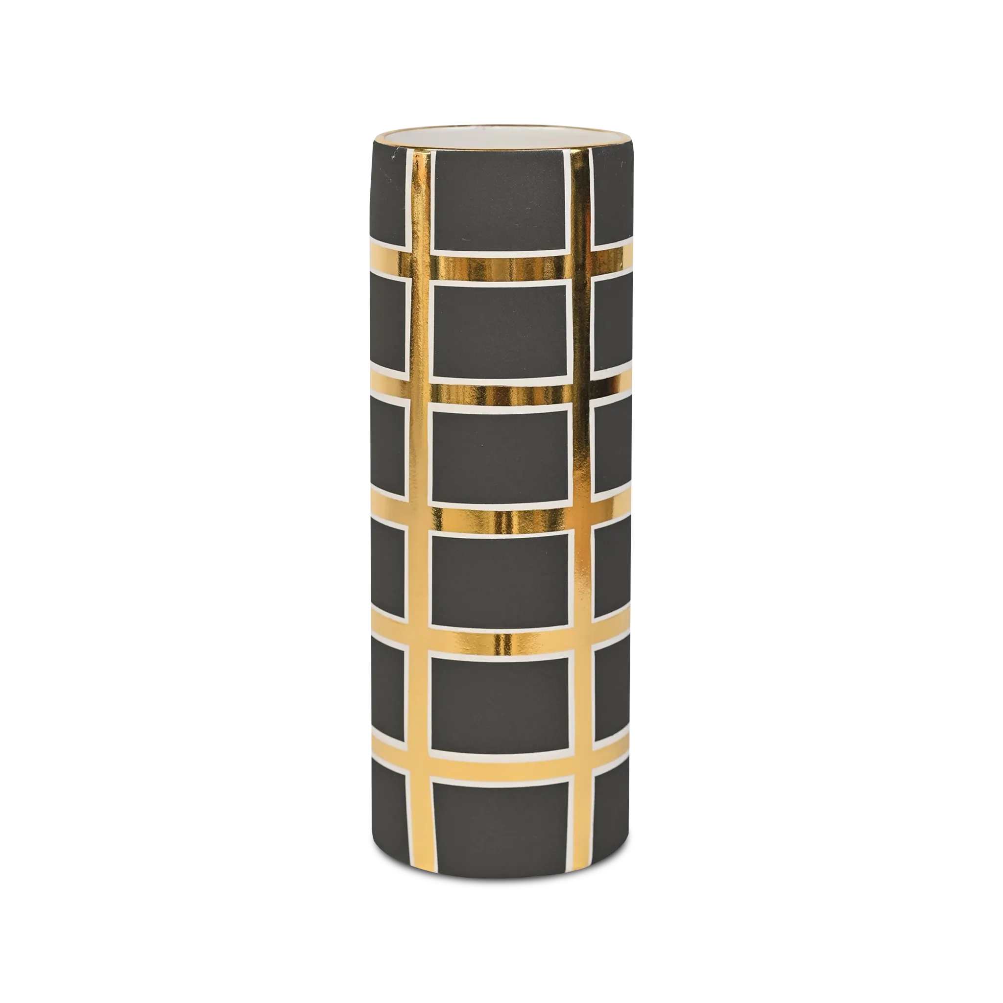 Vaso Cilindro Grid Cinza e Dourado.